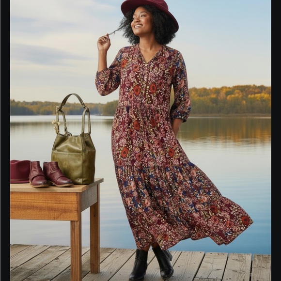 Coldwater Creek Woodland Wonder Maxi Dress Burgundy Floral Sleeve Dress Size 2X - Picture 13 of 14